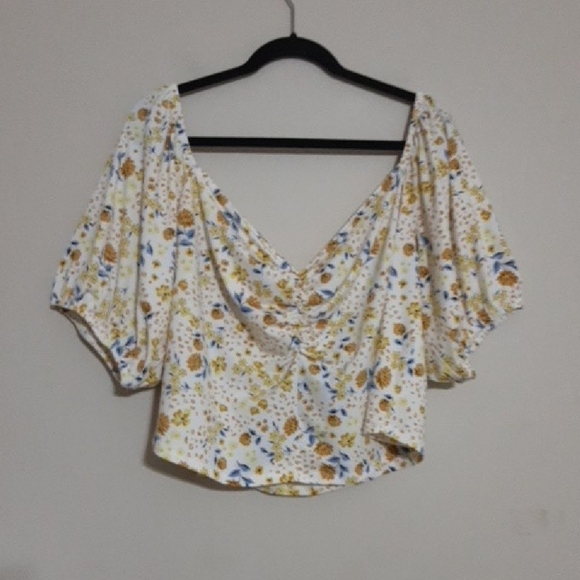 Eloquii Floral Women's Top Blouse Butter Yellow Blue 20 Off Shoulder Fairy Boho - Picture 1 of 8